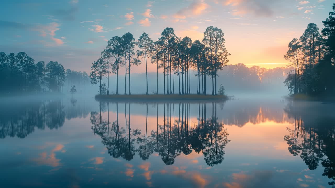 Symmetrical reflection of pine trees on foggy lake at dawn. Row of tall pine trees on a small island reflected in still water under a pale blue sunrise sky