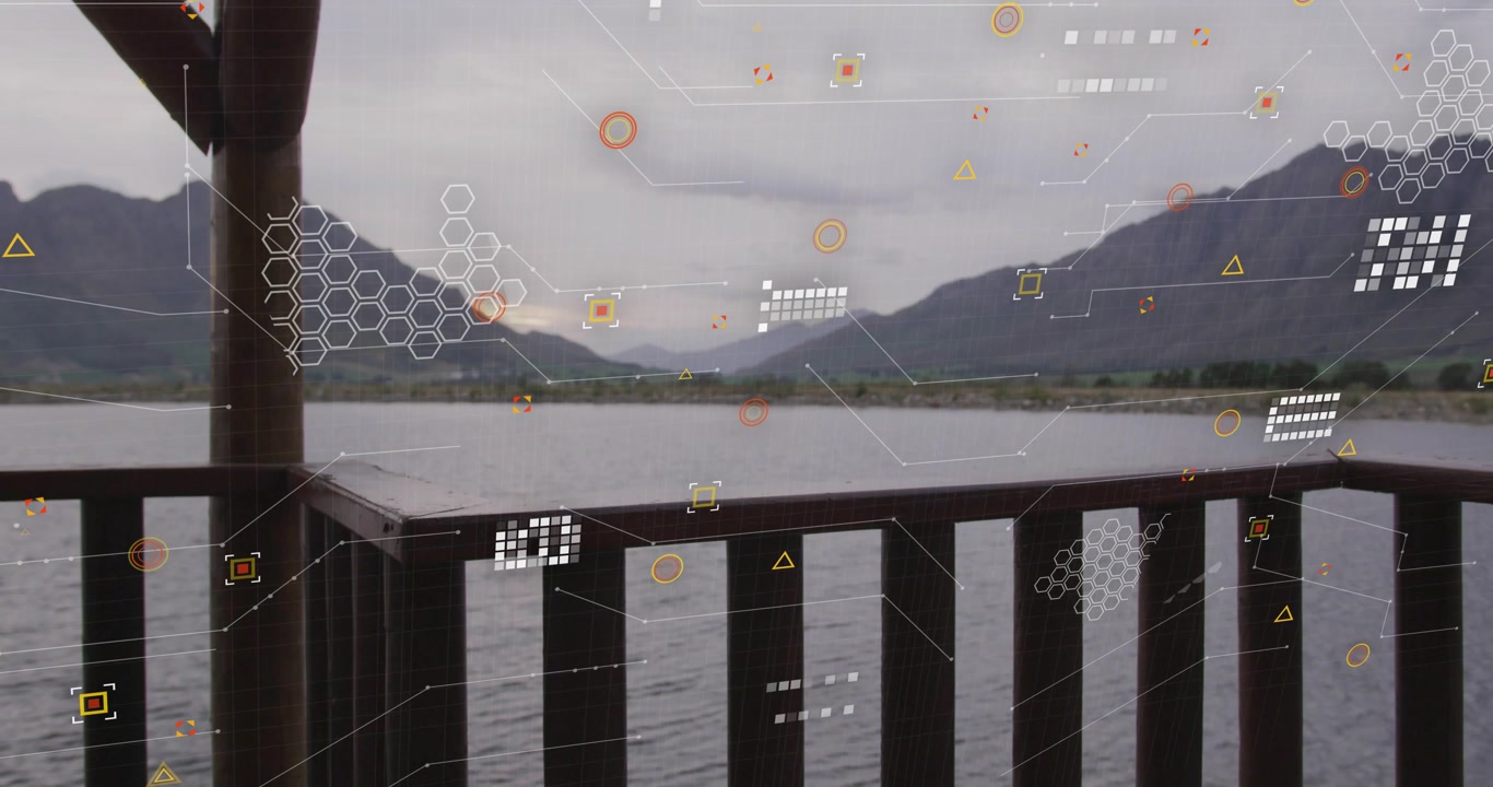 Faint translucent data graphics fading in and drifting over lake, visualizing terrain data