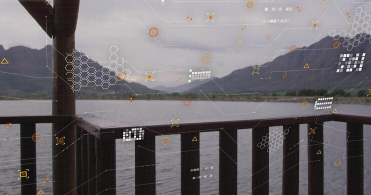 Faint translucent data graphics fading in and drifting over lake, visualizing terrain data