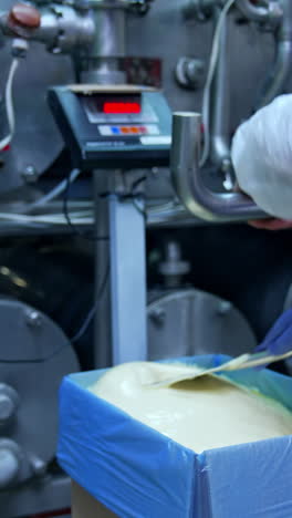 liquid butter is pouring from the pipe into the container. factory for the production of butter. automated line. food production vertical video