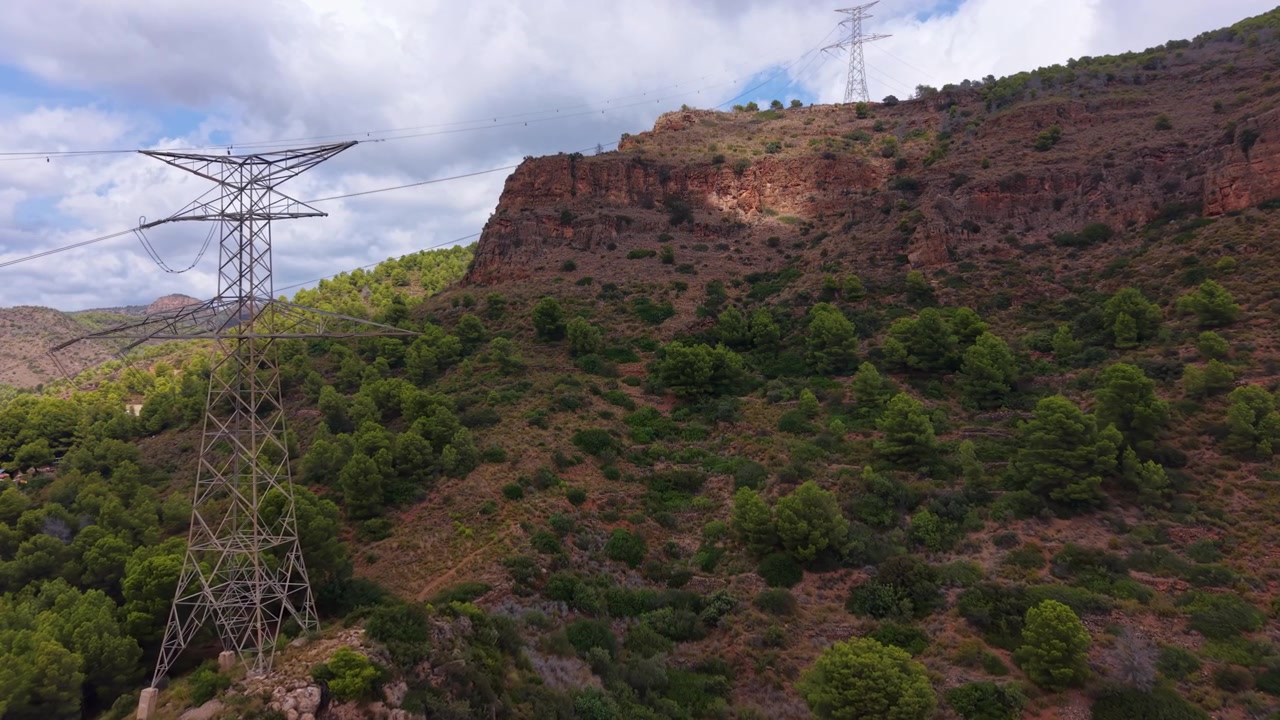 High-voltage electricity pylons crossing a rugged Mediterranean hillside with red rock cliffs, green pine trees, and partly cloudy skies in a remote mountain landscape