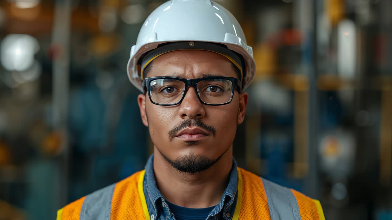 Holding neutral face, worker closing eyes after shift on plant floor, wearing hard hat, orange vest