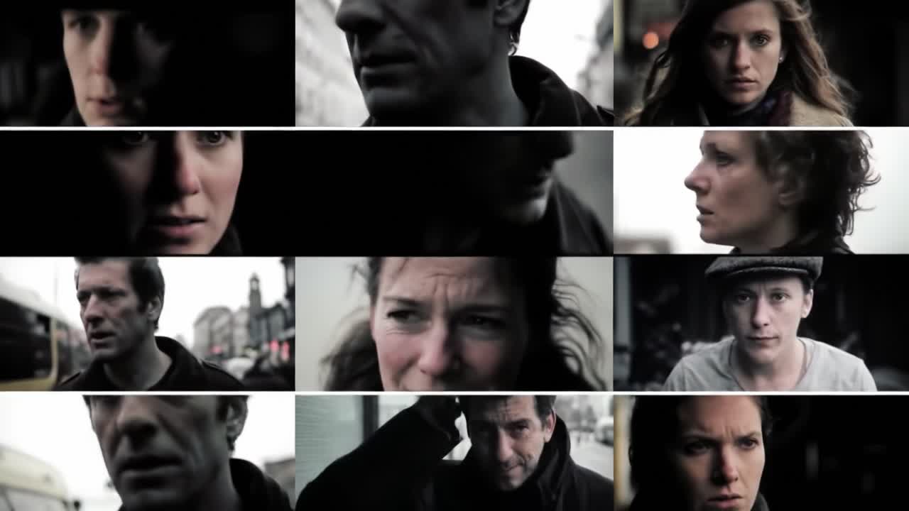 Individuals navigate through a busy urban setting, captured in black and white, highlighting their emotions and interactions. The atmosphere reflects tension and connection among strangers.