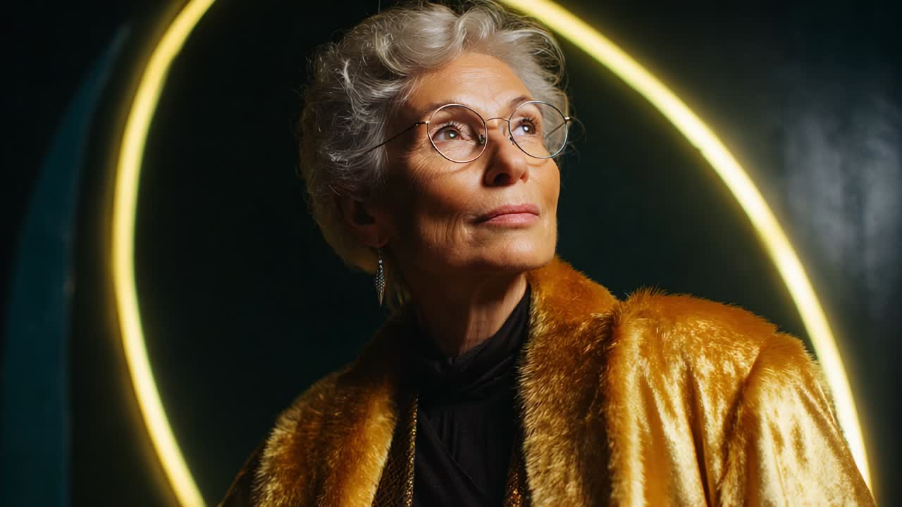 An Elegant Portrait of a Mature Woman Exuding Confidence and Grace, Captured Against a Dramatic Backdrop with Luminous Circular Lighting, Showcasing Timeless Beauty and Strength in Every Detail