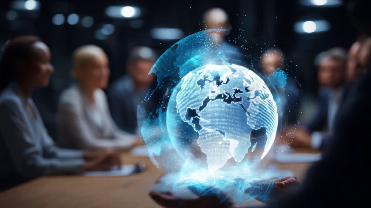 A group of professionals engaged in a futuristic meeting as a digital globe representing global connectivity and innovation is displayed prominently, symbolizing technological advancements and collaboration