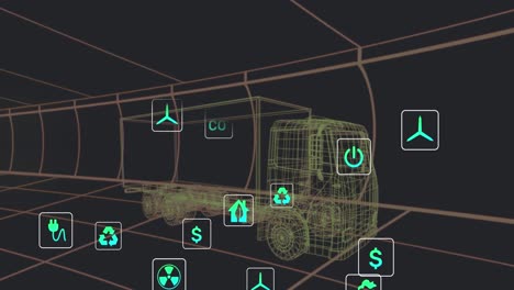 Animation-Von-Öko-Symbolen,-Die-über-Einem-LKW-Projekt-Auf-Schwarzem-Hintergrund-Schweben