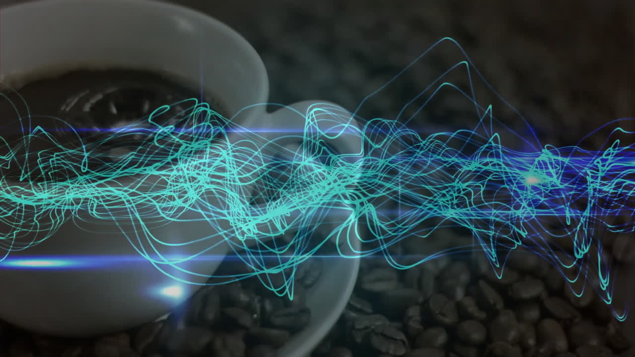 White ceramic coffee cup showing dark brew on desk amid scattered beans under neon waveform overlay