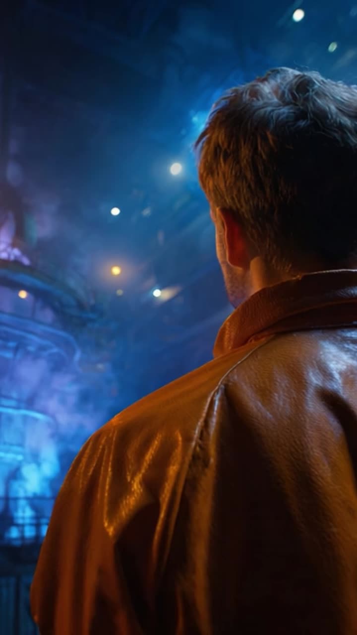 A lone figure in a leather jacket contemplates a vibrant industrial landscape filled with smoke and colored lights, creating a dramatic and atmospheric scene