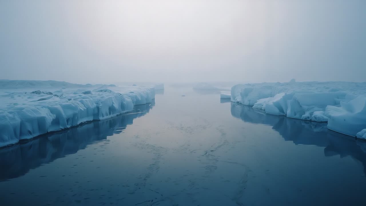 Opening shot revealing open water channel cutting through ice floes at Arctic coast, with foggy sky