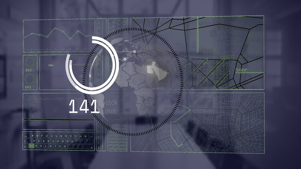 animación del procesamiento de datos financieros en una oficina vacía