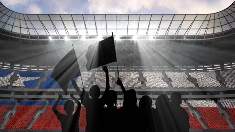 animación de siluetas de fanáticos deportivos animando con la bandera chilena sobre el estadio deportivo