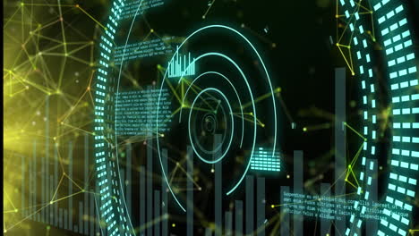 Animation-of-round-scanner,-statistical-data-processing,-network-of-connections-on-black-background