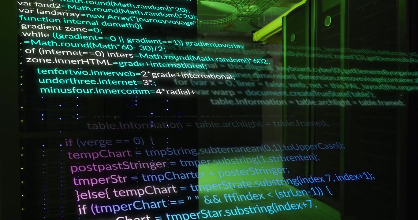 Procesamiento de datos informáticos generado digitalmente con luces de control verdes parpadeando en el fondo.