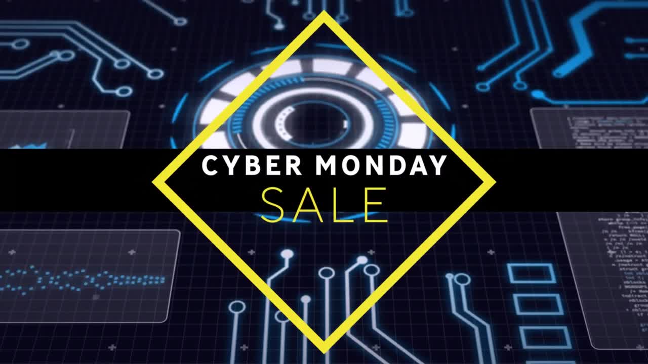 Digital animation of cyber monday text banner against round scanners and microprocessor connections