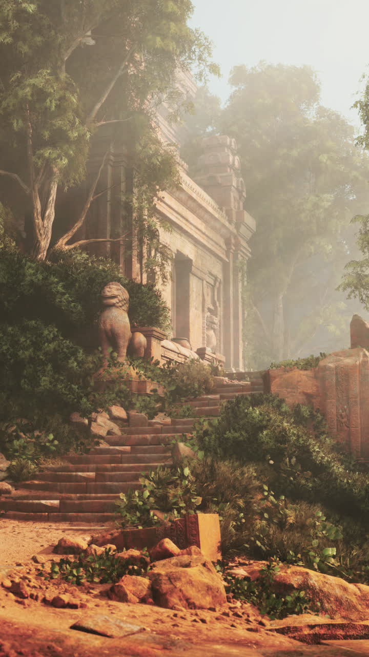 antiguas ruinas de templos en una selva de niebla