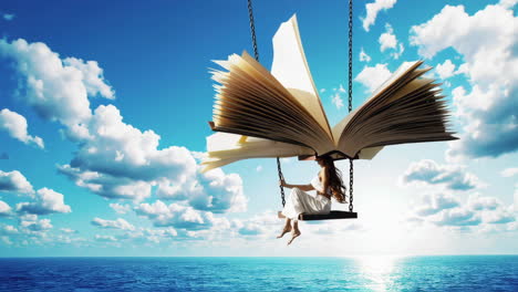 woman swings from a giant floating book in the sky