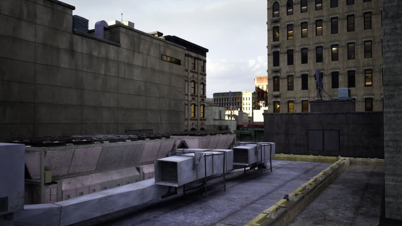 Rooftop view of city buildings under cloudy sky during late afternoon