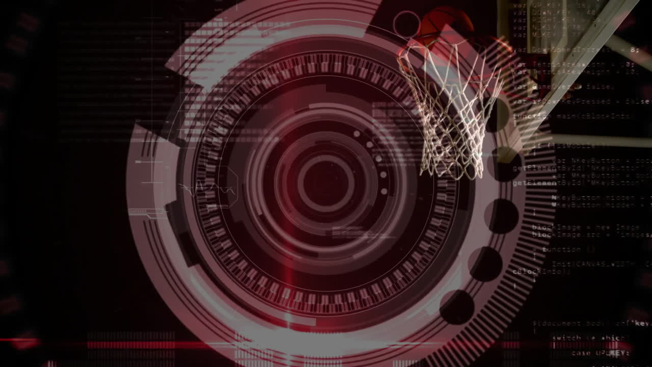Basketball hoop with futuristic data processing animation over it