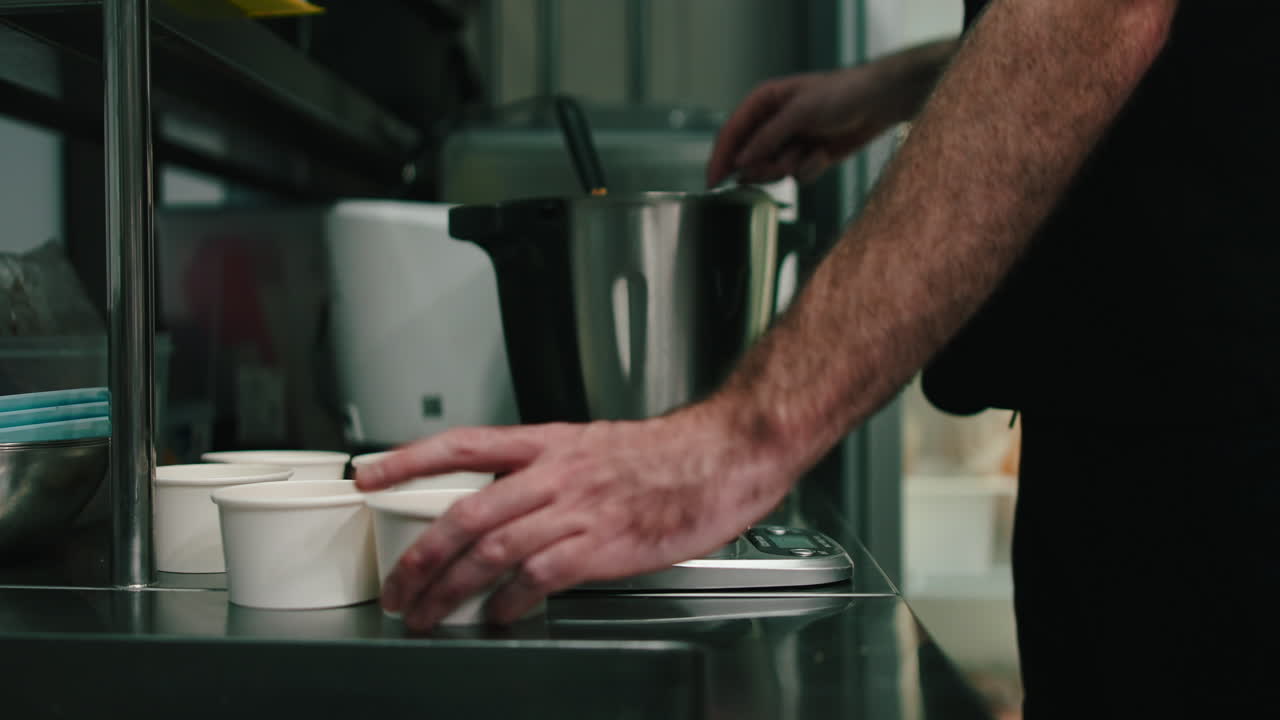 Alimenti preparati e suddivisi in porzioni in una cucina commerciale
