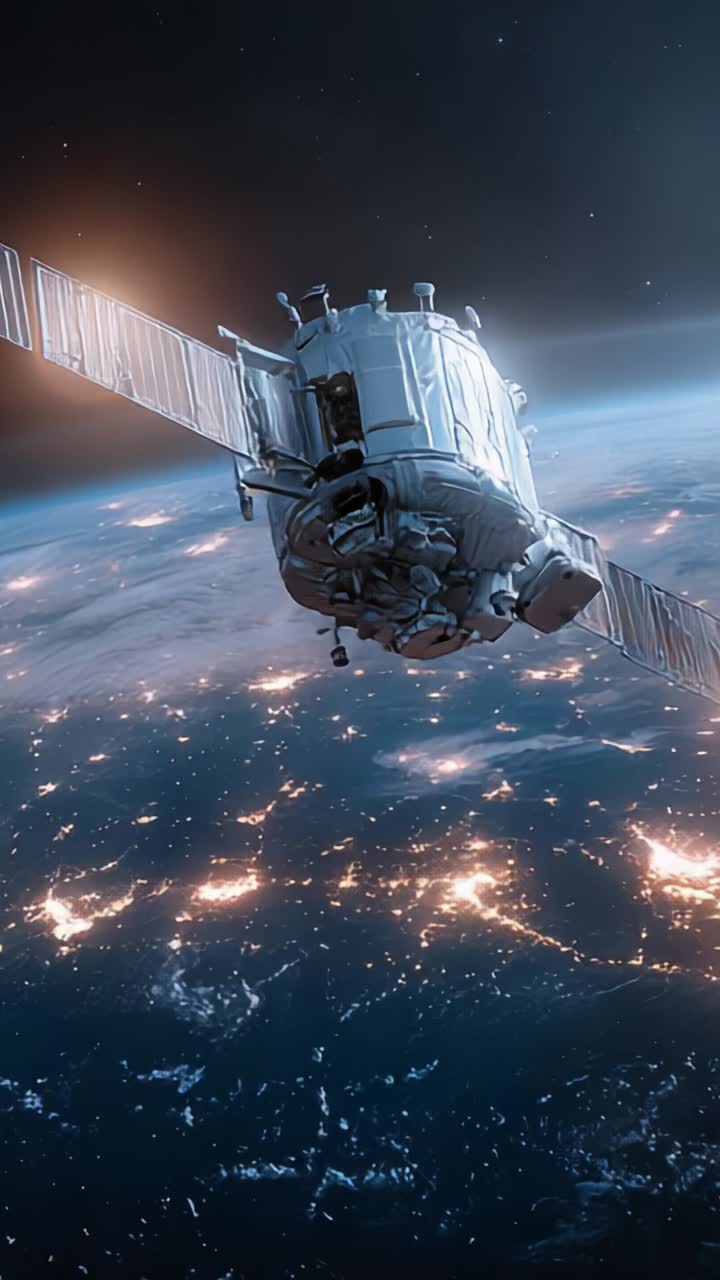 A Majestic View of a Satellite Orbiting Earth, Capturing the Illuminated Landscapes Below at Night, Showcasing the Beauty of Our Planet from Above