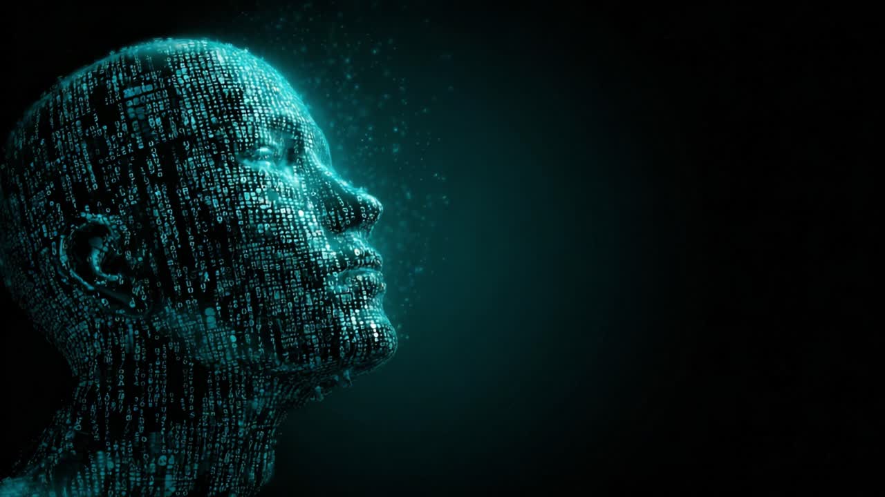 Profile of a glowing human head made of binary code slowly dissolving into digital particles, representing concepts like artificial intelligence, machine learning, and technological singularity