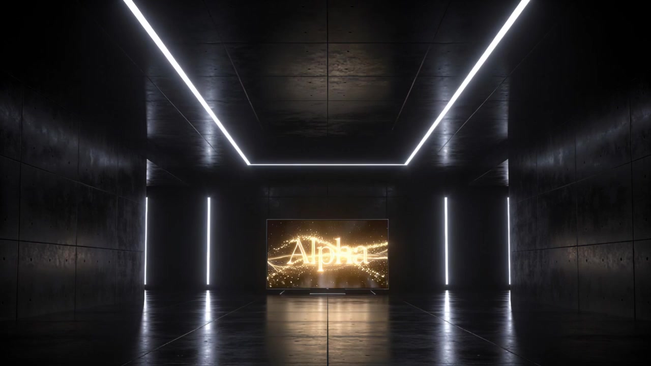 Schermo in riproduzione che mostra Alpha in una sala con una striscia LED per il brand, mentre onde dorate mutevoli proiettano un bagliore.