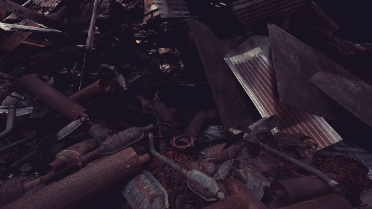 Junkyard at dusk full of discarded mufflers pipes and scraps