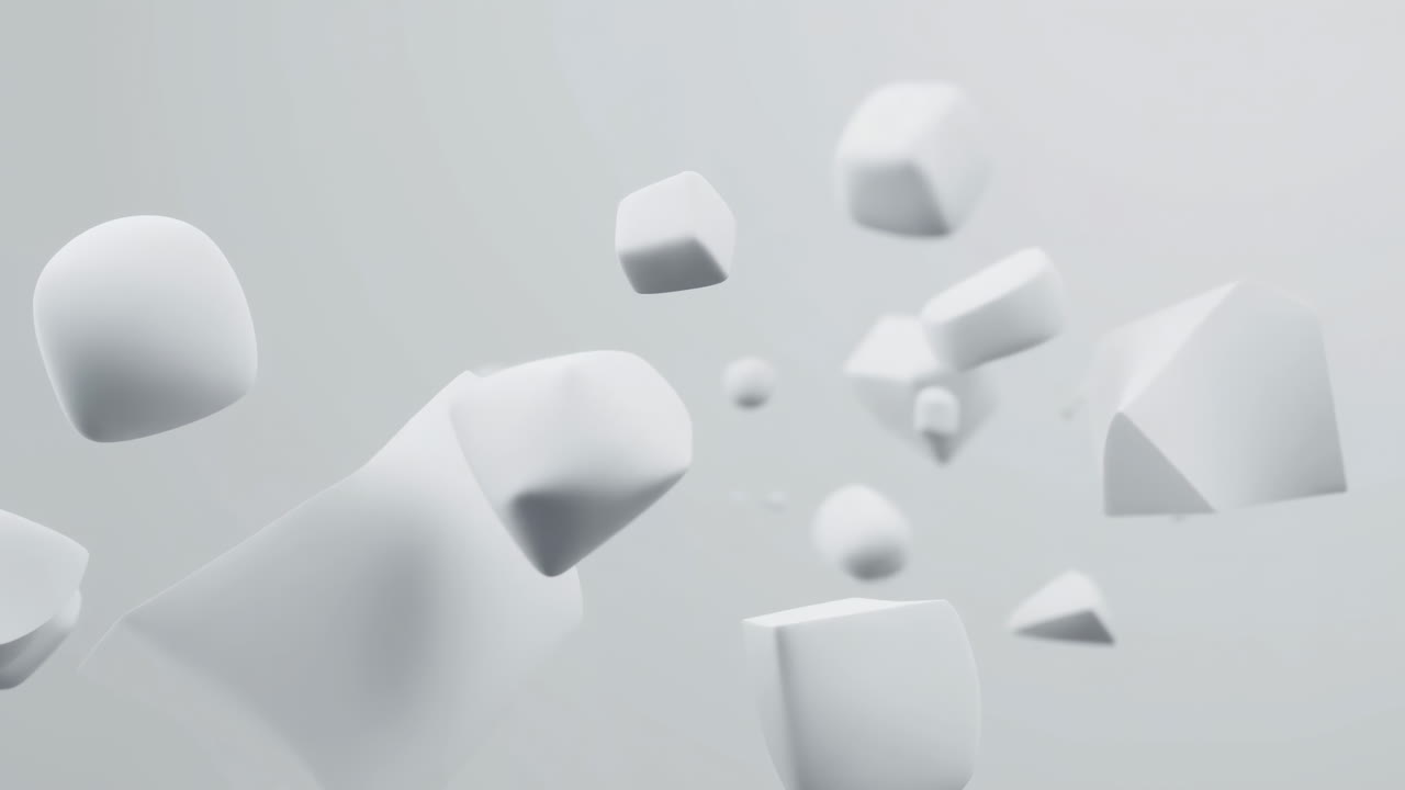 Abstract White Geometric Shapes Floating and Morphing on Grey Background
