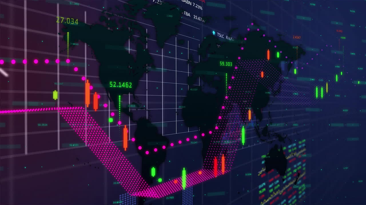 animación del procesamiento de datos financieros sobre el mapa del mundo y la cuadrícula sobre un fondo oscuro