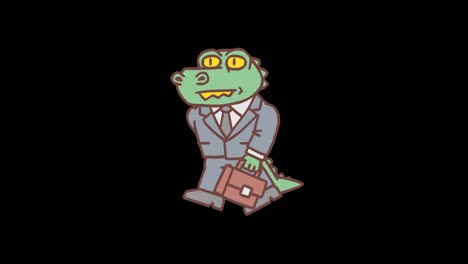personaje cocodrilo sosteniendo maletín y va. cuadro por cuadro de animación. canal alfa