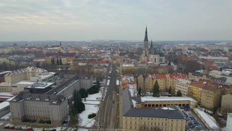 aerial panorama of olomouc city in moravia covered with snow in winter, view of st