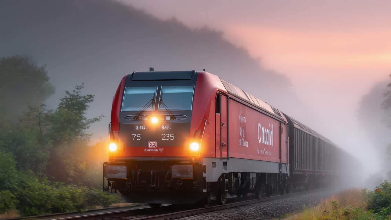 A Beautiful Train Journey Through Misty Mountains at Dawn Highlighting the Serenity of Nature and Modern Transport in Harmony with the Environment