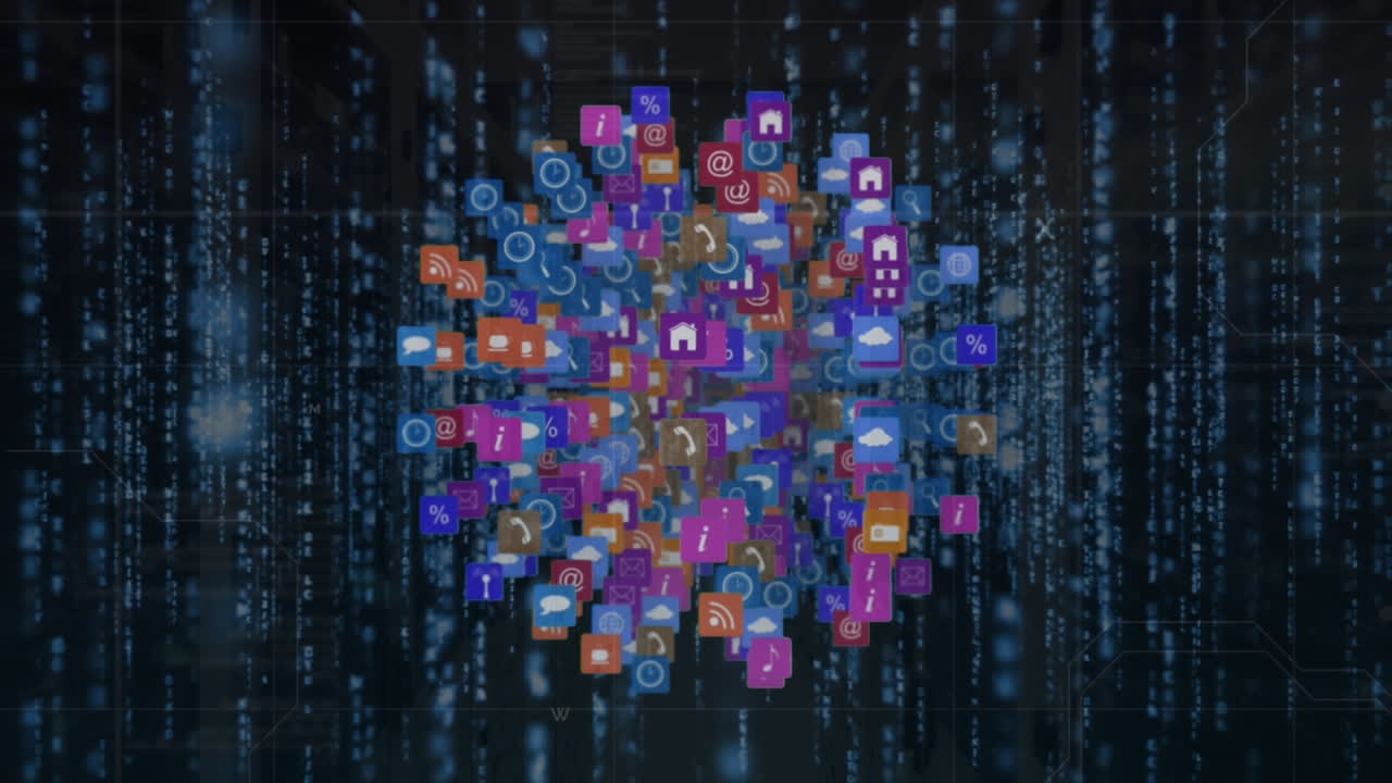 animación del globo con iconos sobre el procesamiento de datos en fondo negro