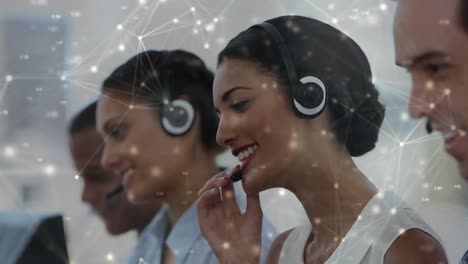 Animation-of-network-of-connections-over-business-people-wearing-phone-headsets