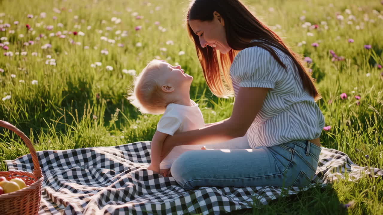 Mother and Child Enjoying a Picnic in a Field