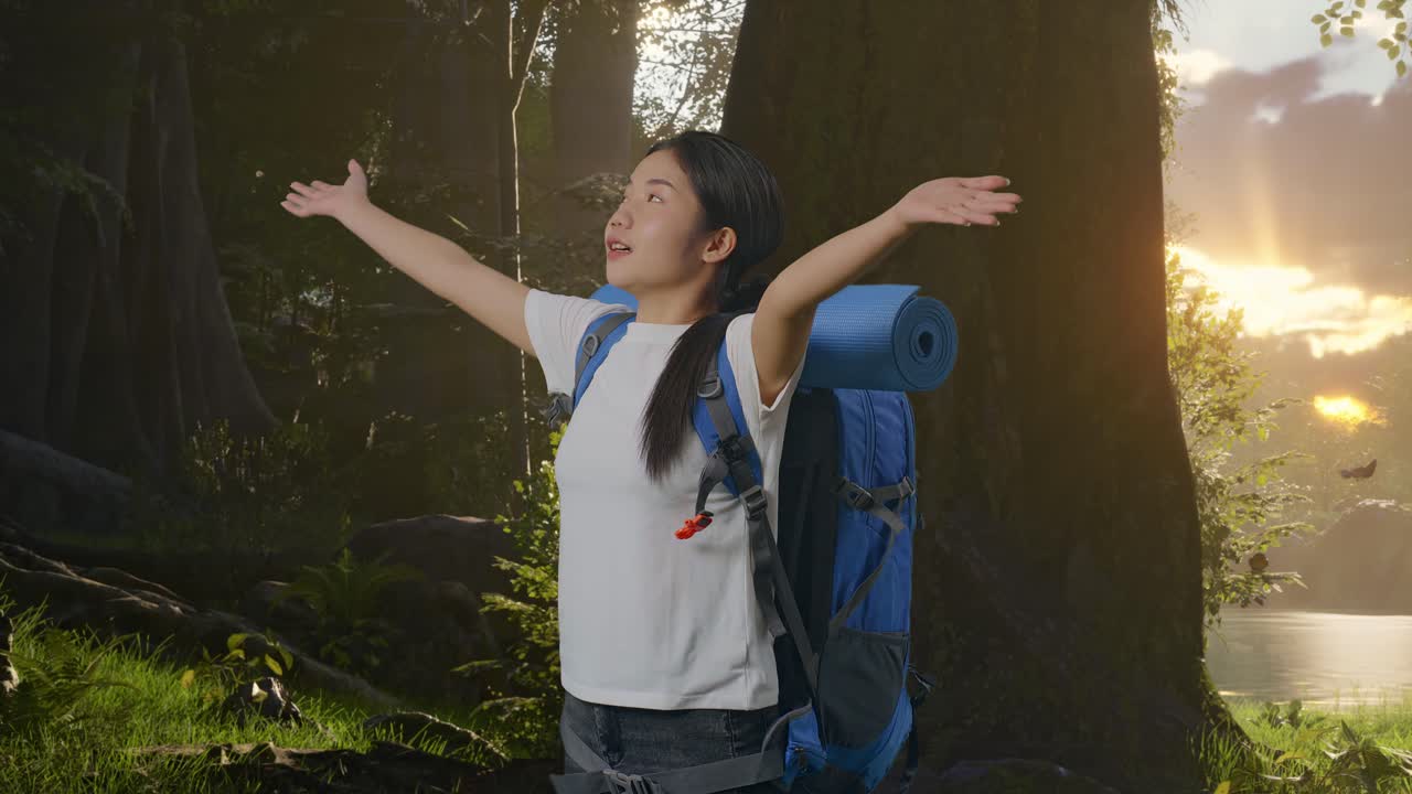 vista lateral de una excursionista asiática con una mochila de montañismo que extiende los brazos y disfruta de la vista mientras explora la naturaleza del bosque