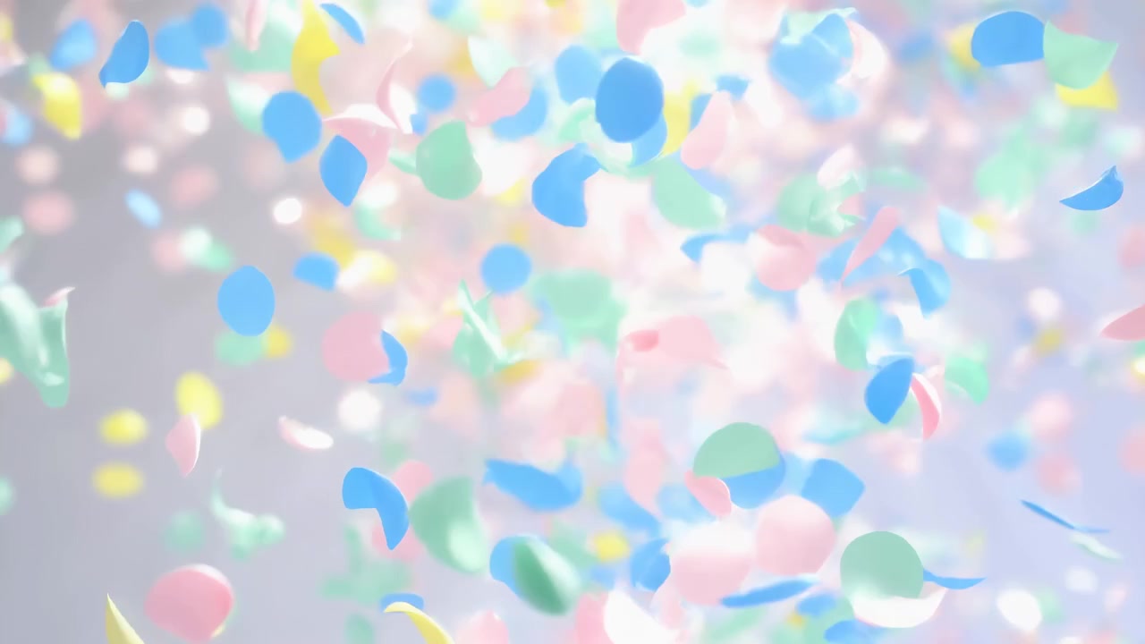 淡いニュートラルな背景に、花びら型の紙吹雪が様々な深さで漂う高密度の祝賀シーン。柔らかなお祝いの質感、バランスの取れた構図、そして繊細な光が作り出されている。