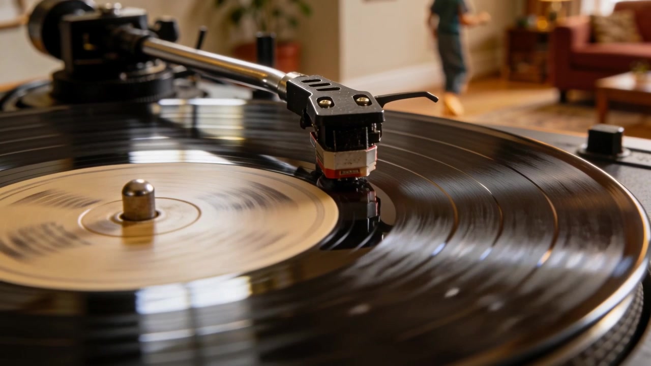 Vinile che gira, braccio del giradischi che segue dopo la caduta della puntina a casa, bambino che balla al ritmo della musica con una maglietta verde