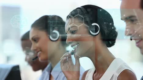 Animation-of-scope-scanning-over-business-people-using-phone-headsets