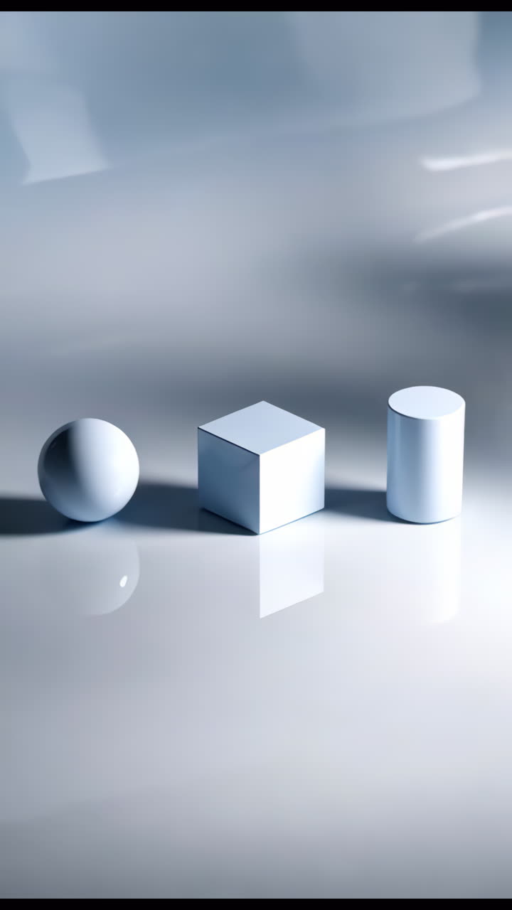 Minimalist 3D Render of Sphere, Cube, and Cylinder with Reflections