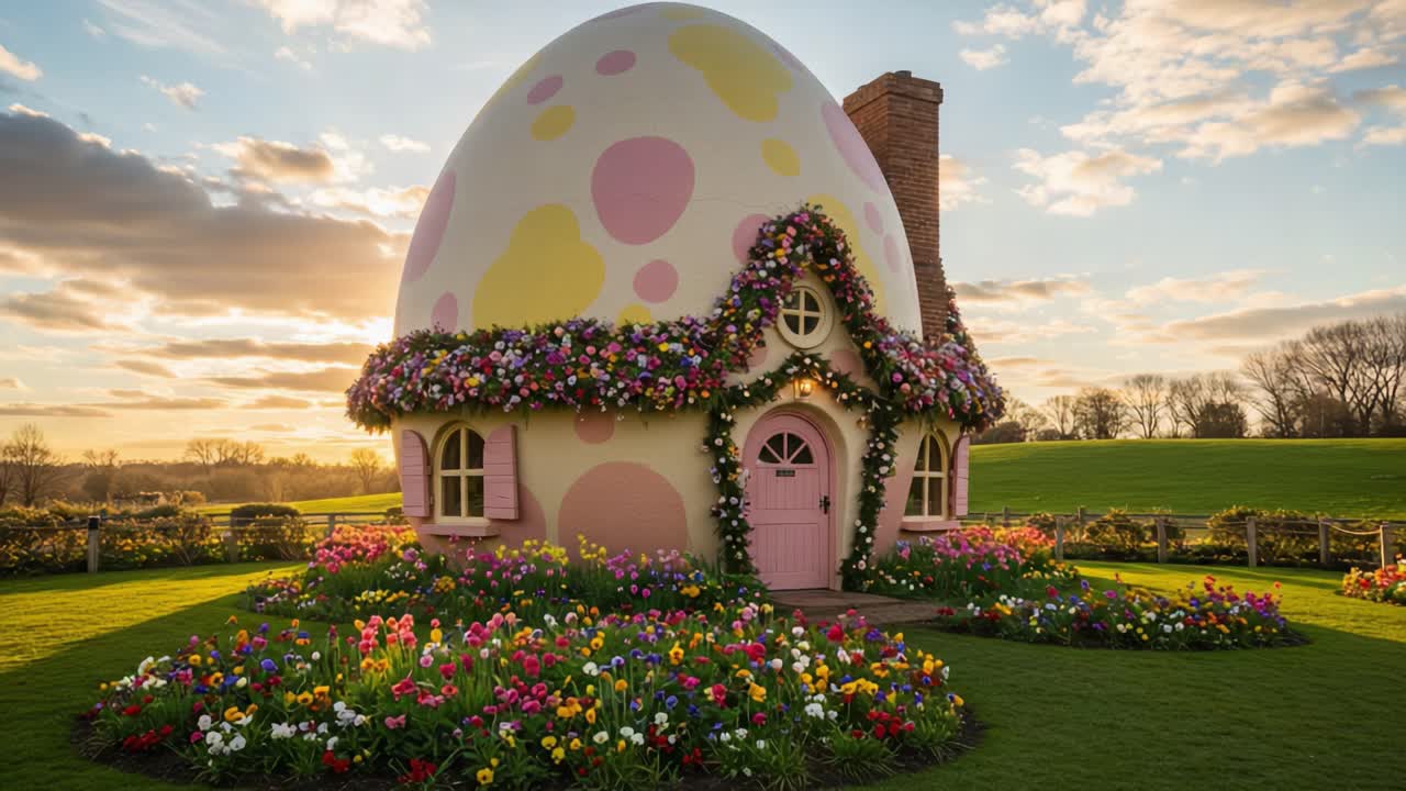 Charming Fairy Tale House Surrounded by Vibrant Flowers under a Golden Sunset: A Whimsical Easter-Inspired Design with Playful Colors and Lush Landscaping