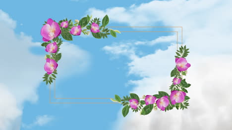 Animation-of-floral-design-rectangular-frame-with-copy-space-against-clouds-in-the-blue-sky