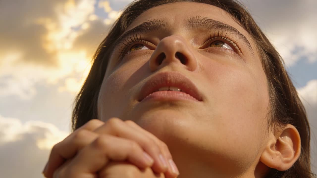Adolescente che osserva, con le mani giunte sotto il mento e lo sguardo rivolto verso l'alto mentre la luce del sole riscalda le nuvole.