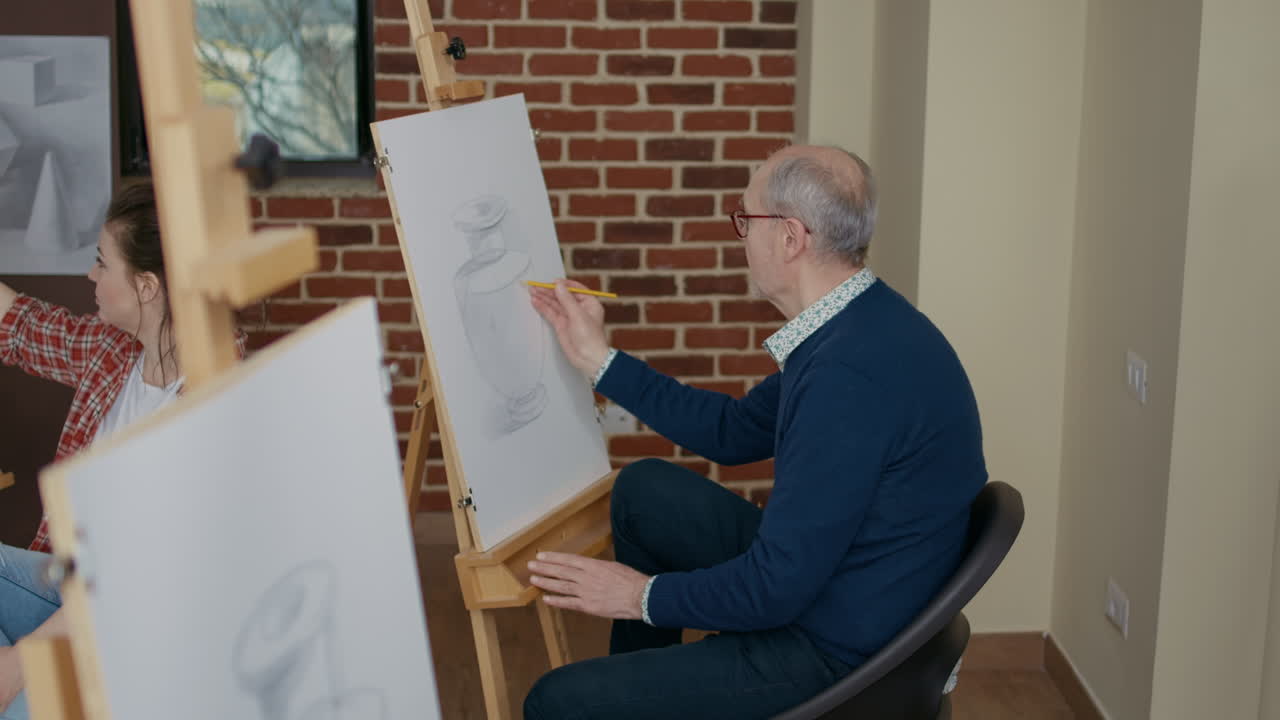 Elder person attending art class lesson with young teacher