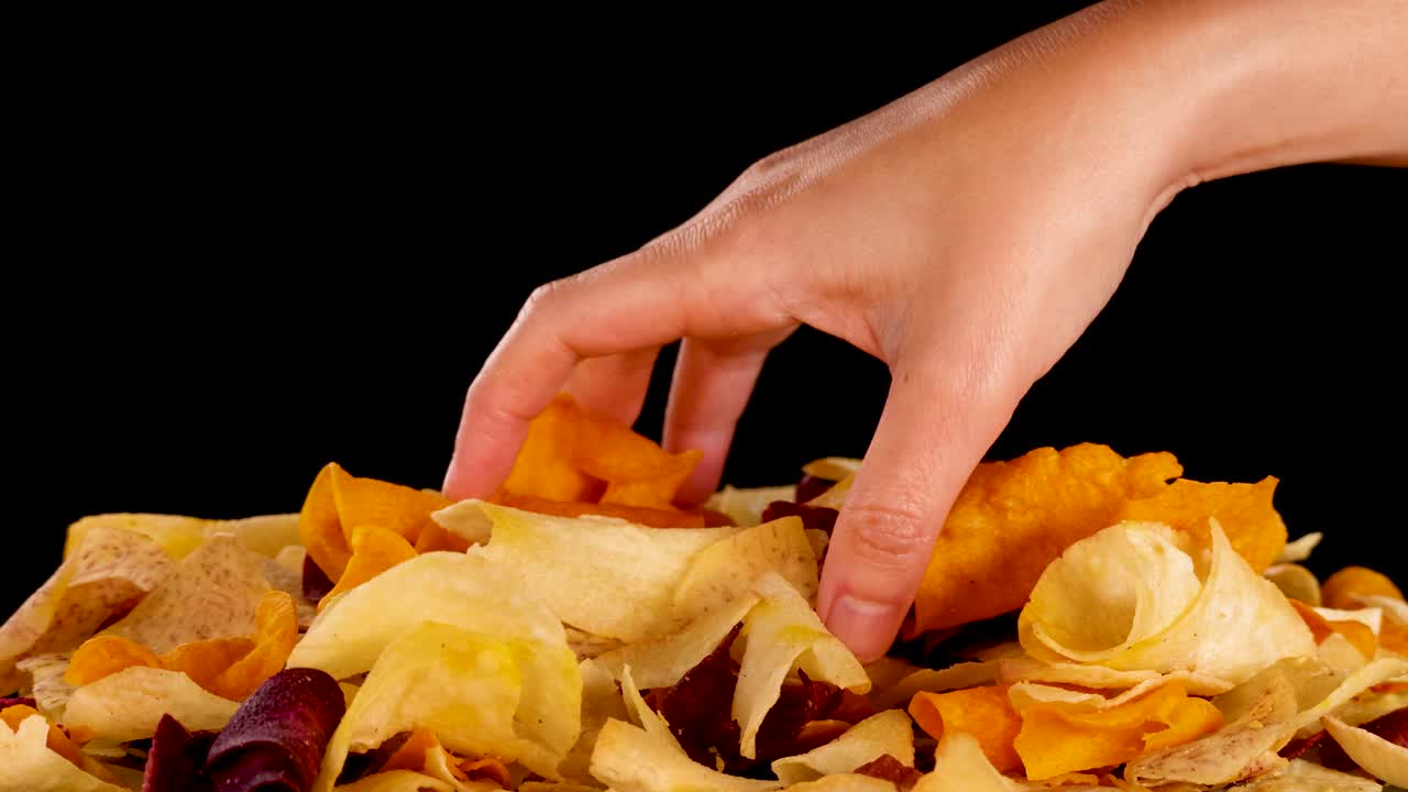 Human hand picks assorted crispy root vegetable chips under bright studio lighting, black background, close-up