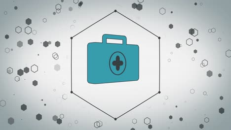 animation of medical kit icon over hexagons on white background