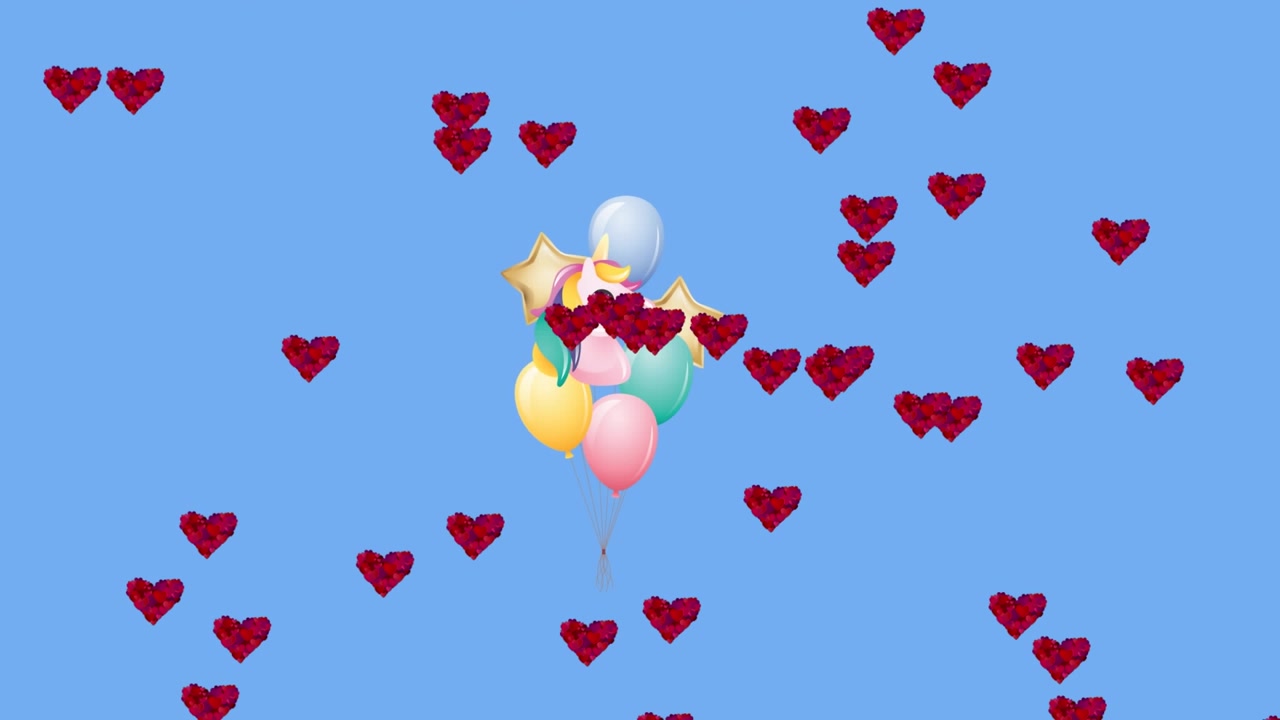 Animación de iconos de unicornio y corazón sobre fondo azul