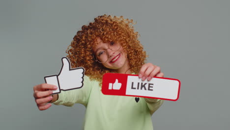 happy teen child girl kid showing thumbs up like sign banner social media logo positive feedback