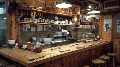 traditional japanese izakaya bar interior with counter seating