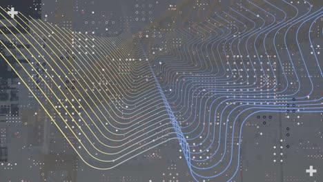 Animation of digital wave and abstract shapes over row dots pattern against grey background